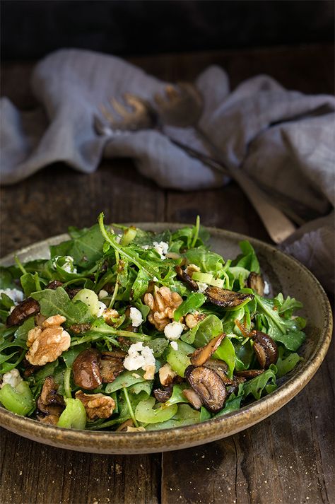 Mushroom and arugula salad with goat cheese, toasted walnuts, and celery - tossed in shallot mustard and truffle oil vinaigrette, this salad is bursting with earthy, fall flavors. | www.viktoriastable.com Mushroom Salads, Salad Goat Cheese, Raw Lifestyle, Salad Photography, Fine Desserts, Salad With Goat Cheese, Cheese Table, Mushroom Salad, Autumn Salad