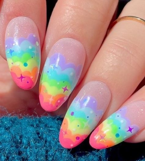 Trolls Inspired Nails, Pastel Rainbow Nails Acrylic, Short Nail Designs Kawaii, Trolls Nails, Rainbow Cloud Nails, Pansexual Pride Nails, Candyland Nails, Care Bears Nails, Simple Kawaii Nails