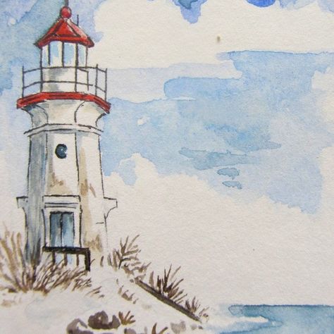 harbour Easy Watercolor Painting Ideas, Watercolor Painting Ideas For Beginners, Easy Watercolor Painting, Watercolor Painting Ideas, Art Impressions Cards, Artist Trading Card, Art Impressions Stamps, Painting Ideas For Beginners, Lighthouse Painting