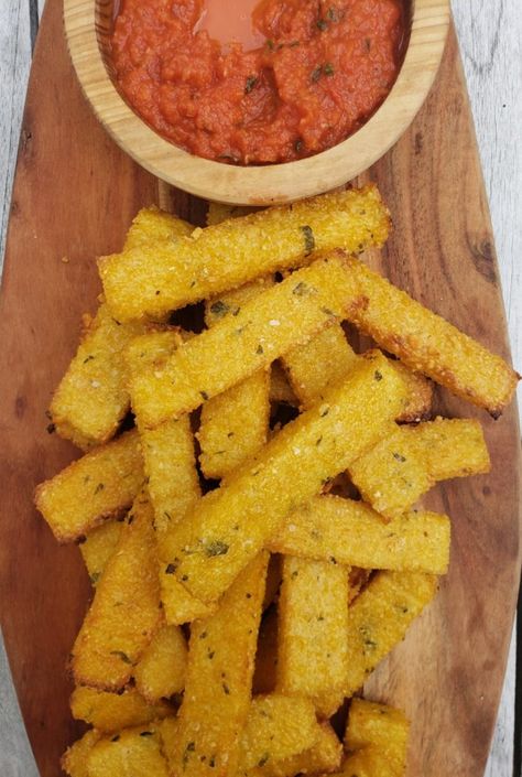 Crispy Polenta Fries | Oven Baked | Party App | Salt Sugar Spice Polenta Fries Baked, San Marzano Tomato Sauce, Crispy Polenta, Shrimp Sushi, Baked Polenta, Polenta Fries, San Marzano Tomatoes, Gluten Free Cheese, Fries In The Oven