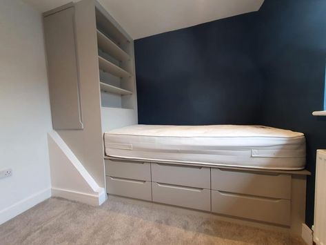 Box Room Over Stairs Storage Ideas, Cabin Bed Ideas For Small Rooms, Over The Stairs Box Room, Stairbox Bed, Box Bedroom Designs, Bed Built Over Stair Bulkhead, Small Bedroom With Stair Box Ideas, Stairbox Ideas Bedroom, Tiny Box Room Bedroom Ideas