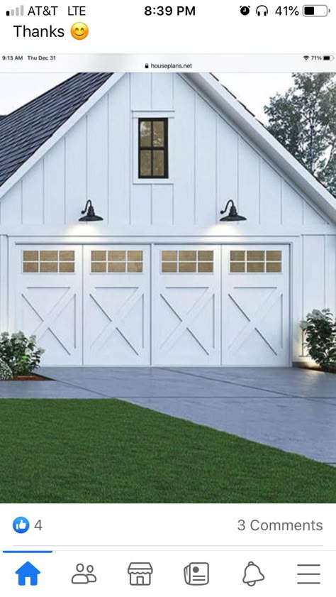 White Garage Doors With Black Trim, White House With Wood Garage Doors, Garage Doors Modern Farmhouse, White Board And Batten Exterior With Black Garage Door, Board And Batten Garage, Modern Farmhouse Garage Door, White House Wooden Garage Door, Modern Farmhouse Garage, Modern Farmhouse Garage Doors