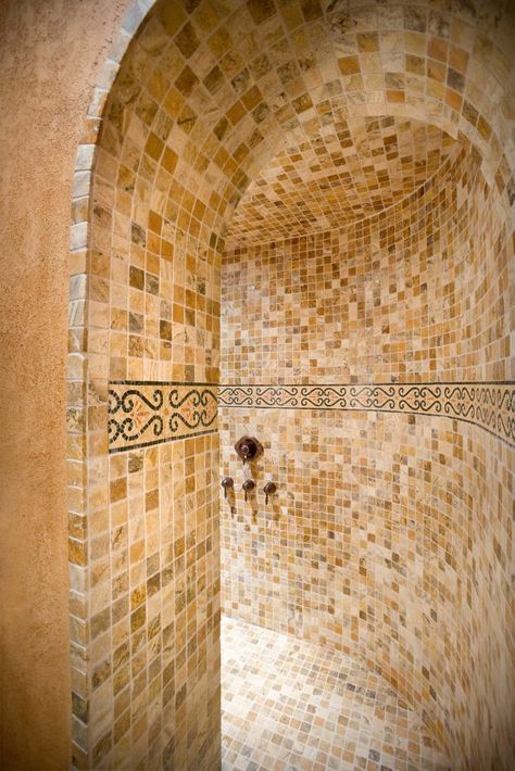 Building Bathroom, Tuscan Bathroom, Doorless Shower, Colorful Tile, Walk In Shower Designs, Dream Shower, Dream Bath, Sauna Room, Tuscan House