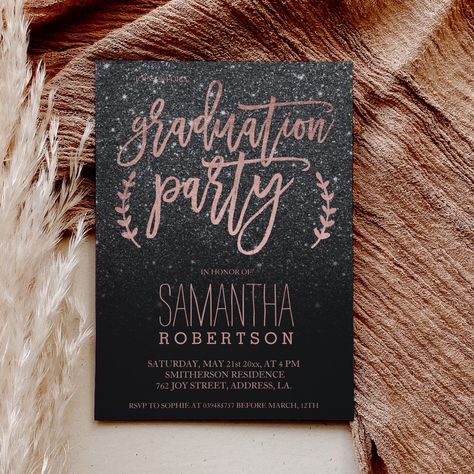 Rose gold typography black glitter ombre graduation party A modern graduation party invitation with this modern, simple, elegant and chic faux rose gold brush hand lettering typography on a black glitter background. Perfect for simple, elegant and modern grad party. Rose Gold Graduation Party Decorations, Black Glitter Background, College Graduation Party Invitations, Green Graduation Party, Modern Graduation Party, Hand Lettering Typography, Party College, Gold Graduation Party, Rose Gold Invitations