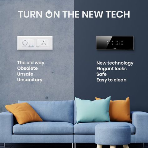 Do away with the old & unsafe tik-tock switches and invest into the ease, convenience, great looks and safety of Smart Touch Switches from WhiteLion. #RiseBeyond #Whitelion #WhitelionSmartSwitches #smartswitches #touchswitch #upgradeyourlife #elegantswitches #modernswitches Smart Home Advertising, Smart Home Social Media Design, Home Automation Creative Ads, Smart Home Ads, Home Appliances Creative Ads, Home Creative Ads, Modern Switches, Grpahic Design, Modern Light Switches