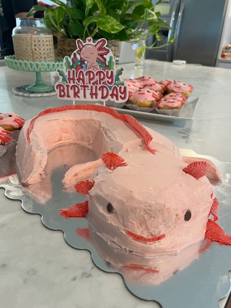 Axolotl Theme Birthday, Axolotl Birthday Party Cake, Axolotl Party Food, Minecraft Axolotl Cake, Axolotl Birthday Party Decorations, Axolotl Valentine Box Ideas, Axolotl Cupcakes, Axolotl Cake Ideas, Axolotl Birthday Party Ideas