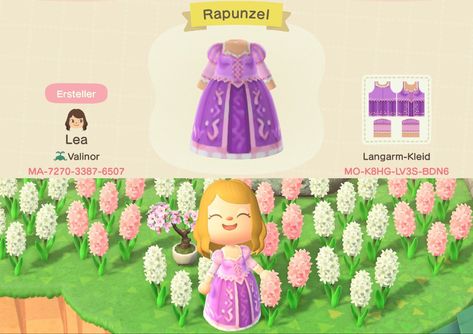 Acnh Clothes Design Id Disney, Tangled Acnh Codes, Acnh Disney Princess Dresses, Acnh Tangled Design, Acnh Clothes Design Id Princess, Acnh Rapunzel Design, Rapunzel Animal Crossing, Acnh Fairytale Designs, Tangled Animal Crossing