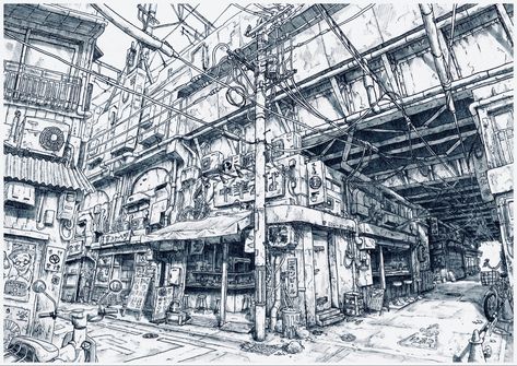 Abandoned City Drawing, Manga Architecture, Cityscape Drawing, Perspective Sketch, Perspective Drawing Architecture, Perspective Drawing Lessons, Side Chest, Arte Robot, City Drawing