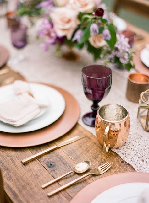 Amethyst, Copper, and Lace Vintage Wedding Decor | Emily Katharine Photography | http://heyweddinglady.com/whimsical-modern-garden-wedding-copper-purple/ Ideas For Garden, Violet Wedding, Copper Wedding, Garden Wedding Decorations, Wedding Reception Inspiration, Vintage Wedding Decorations, Lavender Wedding, Wedding Tablescapes, Rustic Wedding Decor