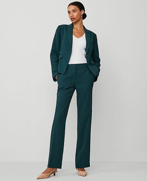 Shop Ann Taylor for effortless style and everyday elegance. Our Straight Pant in Fluid Crepe is the perfect piece to add to your closet. Front zip with double hook-and-bar closure. Belt loops. Front off-seam pockets. Back besom pockets.,Leg Shape:Straight – a leg-skimming shape with tailored, timeless versatility,Rise:Mid rise: sits 2 1/4" below natural waist,Imported:Imported,Fit:Tailored & fitted,Length:Full length: 31" inseam with 16 3/4" leg opening,Fabrication:95% Polyester, 5% Spandex,Garm Ann Taylor Work Outfits, Business Smart Attire Women, Ann Taylor Outfits, Trousers Outfit Work, Green Suit Women, Professional Work Clothes, Ann Taylor Outfit, Women Pastors, Dressy Pant Suits