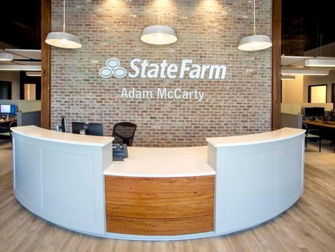 State Farm Office, Farm Office, Office Space Inspiration, Interior Brick, Office Remodel, Corporate Interiors, State Farm, Black Ceiling, Open Office