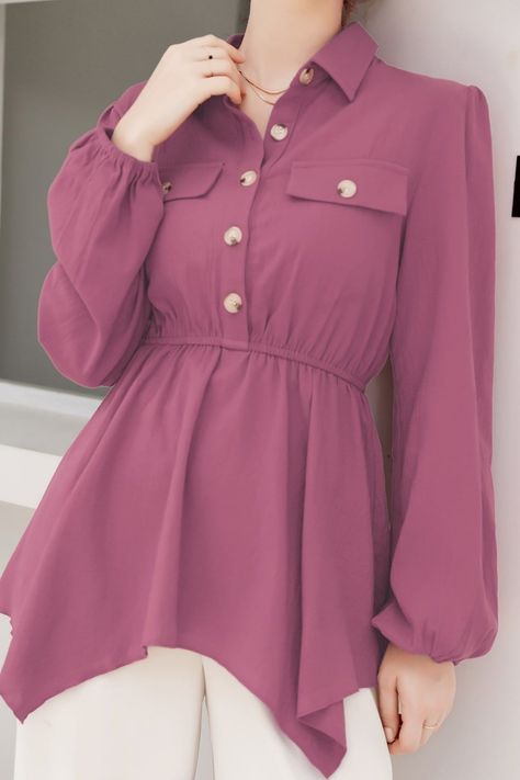 [AffiliateLink] Pink Casual Long Sleeve Cotton Plain Peplum Non-Stretch Spring/Fall Women Tops, Blouses And Tee #womensjeanstopdesign Stylish Long Tops For Women, Trendy Fashion Tops Long, Fancy Top Design, Jeans Top Design, Latest Tops For Women, Top Designs For Women, Cotton Tops Designs, Korean Top, Sewing Collars