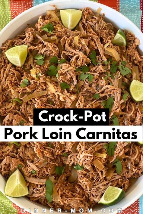 Crock-pot pork loin carnitas are the best easy lunch or dinner that's made entirely in the slow cooker. These carnitas pair well with any Mexican side to make a flavorful meal that kids and adults will love. This flavorful meat is made with only three ingredients, including a flavorful peach salsa. You can make this meat at the beginning of the week and use it for your tacos, burritos, nachos, loaded fries, and soups. Try this recipe today! Shredded Pork Loin Recipes Crockpot, Pork Tenderloin Carnitas Slow Cooker, Mexican Pork Loin, Pork Loin Carnitas, Pork Tenderloin Carnitas, Leftover Pork Loin Recipes, Pork Loin Recipes Slow Cooker, Pork Loin Pulled Pork, Carnitas Crockpot