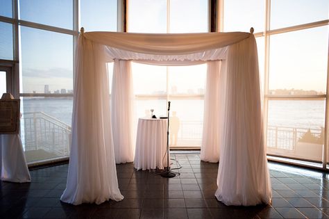 Urban New York City Wedding - Inspired By This Draped Chuppah, Simple Chuppah, Modern Chuppah, White Chuppah, Vintage Wedding Flower Arrangements, Vintage Wedding Cake Table, Vintage Wedding Table Settings, Sacred Union, Wedding Chuppah