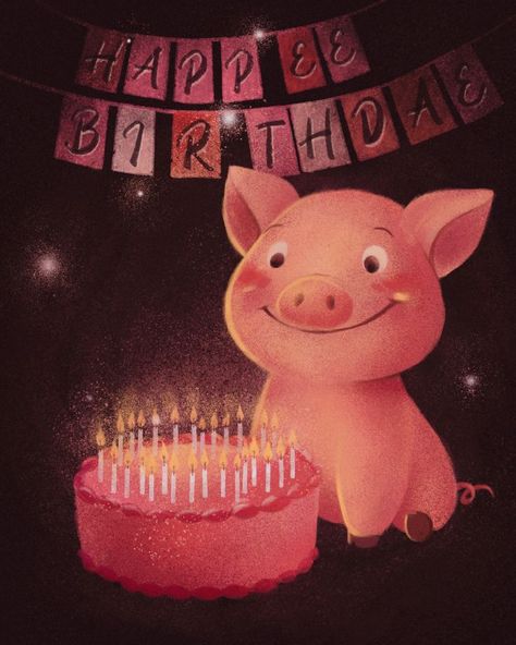 art by @polly__pi | happy birthday art | book Illustration | digital art | happy pink piggy | birthday cake | lighting | pink warm art Piggy Birthday Cake, Piggy Birthday, Cake Drawing, Happy Birthday Art, Birthday Art, Art Happy, Illustration Digital, Book Illustration, Art Book