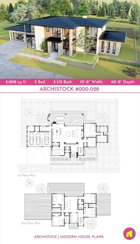 5-Bedroom Modern Prairie-style House Plan [Archistock Plan No. 000-028]. Open floor plan, lots of walls of windows throughout allowing in natural light. The design incorporates low pitched hip roofs and overhanging eaves, which is suitable for wide open flat lands with natural landscape that resembles windswept prairies. House Plan specifications: 🏡 5,000 sq ft heated / finished area 📏 111’-0” Width x 60’-0” Depth 🛏 5 Bedrooms 🛁 5 1/2 Baths⁠ 🚗 3-Car garage This house plan is available for purchase and can be modified if necessary. Please visit our website for more info. House Plan 5 Bedroom, Modern 4 Bedroom House Plans Open Floor, 5 Bedroom Modern House Plans, Modern Asian House Plan, 5 Bedroom House Floor Plan 2 Story With Pool, 6 Bedroom House Plans 2 Story Modern With Pool, Contemporary Prairie Style Houses, Prairie Style Floor Plans, Prairie Style Houses