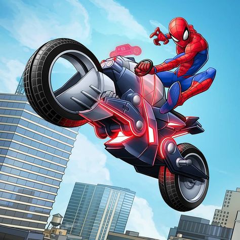 Spider-man on the Spider-cycle!  This was a lot of fun, Marvel wanted two versions, one with a thwipping hand and one without.  #spiderman… How To Draw Avengers, Spiderman Motorcycle, Patrick Brown, Avengers Earth's Mightiest Heroes, Keaton Batman, Badass Drawings, Spiderman Drawing, Marvel Animation, Comics Characters