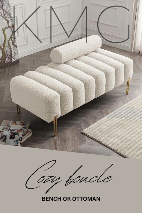 tufted boucle bench available in different fabrics Boucle Bedroom, Bedroom Ottoman Bench, Window Entryway, Boucle Bench, Bench End Of Bed, End Of Bed Seating, Bench Bedroom, Rectangular Ottoman, Bedroom Ottoman