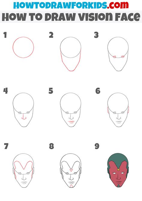 how to draw vision face step by step How To Draw Marvel Characters, How To Draw Avengers, Vision Avengers, Art Homeschool, Ancient Rome Projects, Face Step By Step, Draw Comics, Pencil Drawings For Beginners, Drawing Tutorials For Kids