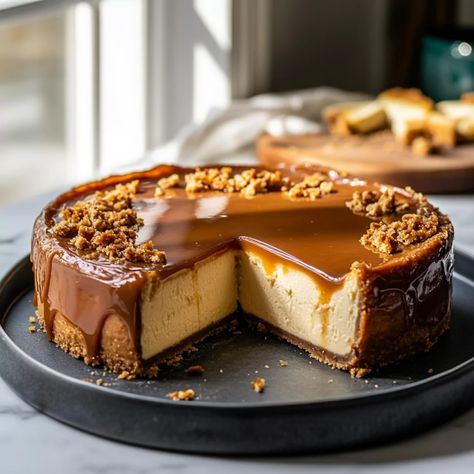 Caramel Crunch Cheesecake Recipe Crunchy Toppings, Crunch Cheesecake, Fat Albert, Caramel Crunch, Classic Cheesecake, Cheesecake Recipe, Baking Ideas, Cafe Food, Tasty Treats