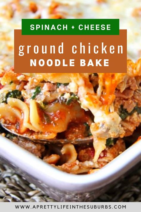 This Ground Chicken & Spinach Noodle Bake has delicious layers of noodles, meat sauce, vegetables and cheese.  It's kind of like a lazy, but lazy-fancy lasagna. Fancy Lasagna, Easy Chicken Lasagna Recipe, Chicken Spinach Recipes, Spinach Noodles, Noodle Bake, Lazy Lasagna, Homemade Spaghetti Sauce, Chicken Spinach, Ground Chicken Recipes