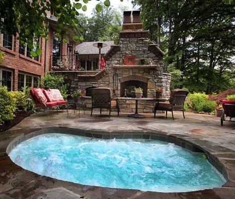 twelve person in-ground spa Jacuzzi hot tub; outdoor patio fireplace/pizza oven. Love it Outdoor Patio Fireplace, Fireplace Pizza Oven, Hot Tub Designs, Jacuzzi Hot Tub, Spa Jacuzzi, Living Pool, In Ground Spa, Hot Tub Garden, Patio Fireplace