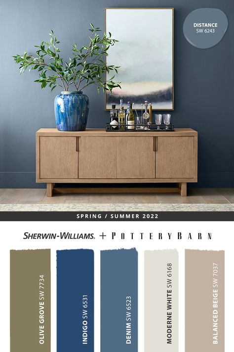 Add instant style to any home bar area with an accent wall painted in a welcoming blue like Distance SW 6243 from Sherwin-Williams, one of the beautiful colors in the @potterybarn Spring/Summer 2022 palette. Tap this pin to find inspiration for your next DIY painting project, then place an online order for everything you need to get started. #sherwinwilliams #potterybarn #DIY #decor #interiordesign #homedecor #painting #colorinspiration #renovation #paint #spring #summer #bar Sherwin Williams Blue Accent Wall Colors, Blue Accent Wall Sherwin Williams, Distance Sherwin Williams, Pottery Barn Paint Colors 2022, Blue Accent Wall Office, Sw Distance, Sherwin Williams Distance, Gray Blue Paint Colors, Pottery Barn Paint Colors