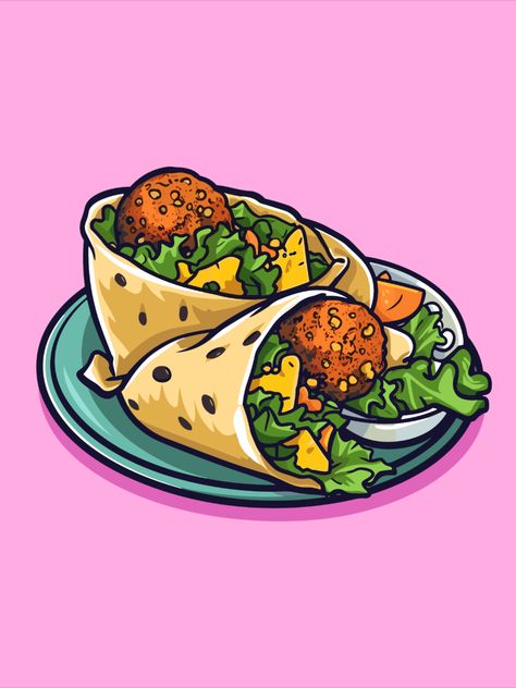 Falafel Illustration, Food Illusion, Food Mural, Menu Poster, Falafel Wrap, Game Zone, Food Doodles, Cool Hair Color, Food Illustrations