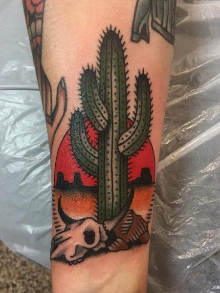 Desert Tattoo, Arizona Tattoo, Cowboy Tattoos, Traditional Tattoo Inspiration, Cactus Tattoo, Kunst Tattoos, Western Tattoos, Traditional Tattoo Sleeve, Old School Style