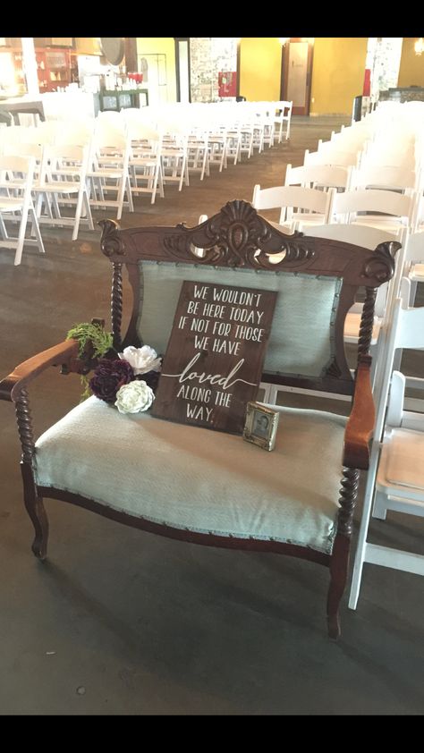 Memory bench for wedding ceremony place of honor for family that has passed Heaven Seats For Wedding, Wedding Memory Chair Ideas, Saved Seat For Loved Ones At Wedding, Wedding Seat For Lost Loved One, Memory Chair At Wedding, Bench For Wedding, Diy Wedding Benches, Wedding Benches, Wedding Memorial Chair