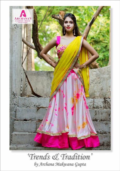 Gaji white tie & dye with neon pink frill chaniyo.:- Blouse made with smocking on gaji tie & dye fabric. -sold Mehndi Outfits, Tie Dye Fabric, Dye Fabric, Chaniya Choli, Lehenga Designs, White Tie, Neon Pink, No Frills, Lehenga