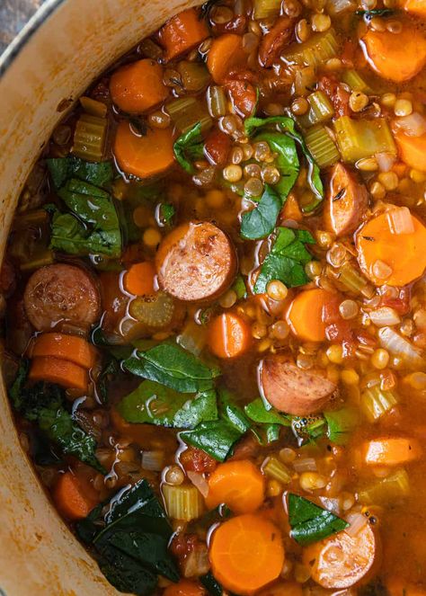 Lentil And Sausage Soup, Lentil Soup Crockpot, Lentil And Sausage, Sausage And Lentil Soup, Lentils And Sausage, Kielbasa Soup, Lentil Sausage Soup, Sausage Soup Recipes, Slow Carb