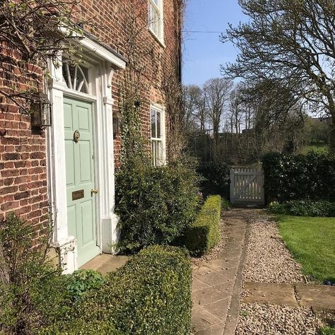 Our front entrance with sage green door and aged brass door and light fittings Sage Green Door, Georgian Farmhouse, Sage House, House Door, Sand Stone, Green Door, Front Entrance, House Doors, Front Entrances