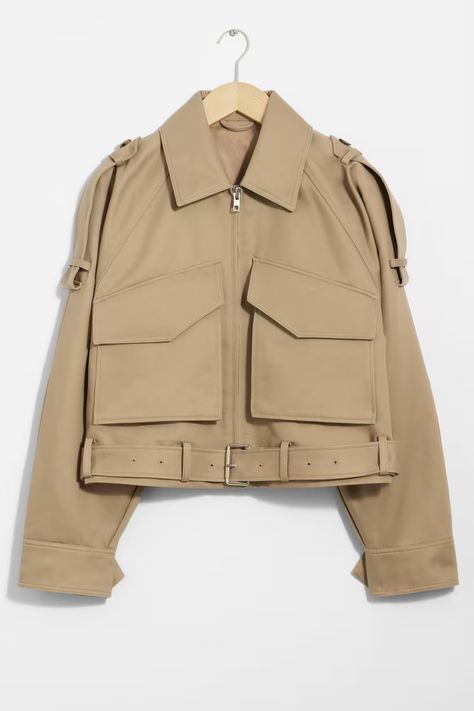 Belted Patch-Pocket Jacket - Long sleeve - Cropped - Beige - Ladies | H&M GB Shoulder Epaulettes, Breaking In, Pocket Jacket, Summer Jacket, Buckle Belt, Fashion Story, Swimwear Fashion, Trouser Jeans, Zip Jacket