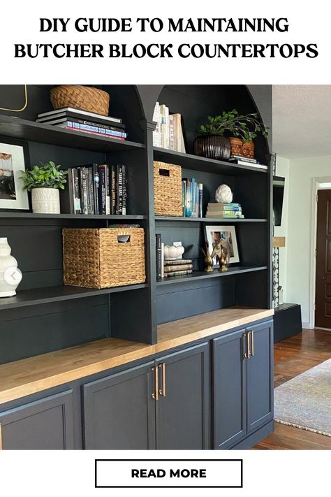 Bookshelf with butcher block countertops and decorative items, including baskets and books. Granite And Butcher Block Countertops, Installing Butcher Block Countertops, Install Butcher Block Countertops, Diy Butcher Block Counter, Butcher Block Shelves, Butcher Block Countertops Kitchen, Diy Butcher Block, Ikea Play Kitchen, Butcher Block Counter