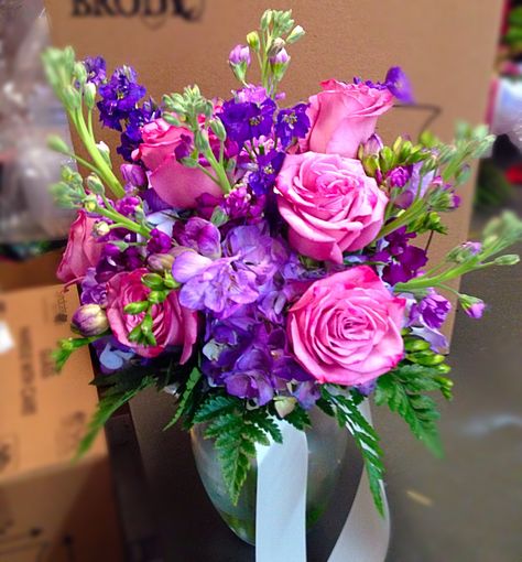 Flowers For Purple Prom Dress, Pink And Purple Prom Bouquet, Pink Purple Blue Bridal Bouquet, Prom Flowers Bouquet Purple Dress, Prom Bouquet Ideas Purple, Stock Bridesmaid Bouquet, Purple Prom Bouquet, Purple Prom Flowers, Florist Reference