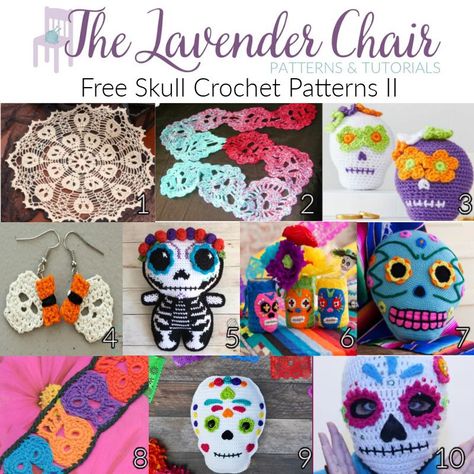 Day Of The Dead Crochet Patterns Free, Sugar Skull Crochet Pattern Free, Crochet Skull Patterns Free, Free Halloween Crochet Patterns, Crochet Gothic, Free Halloween Crochet, Lavender Chair, The Lavender Chair, Skull Crochet