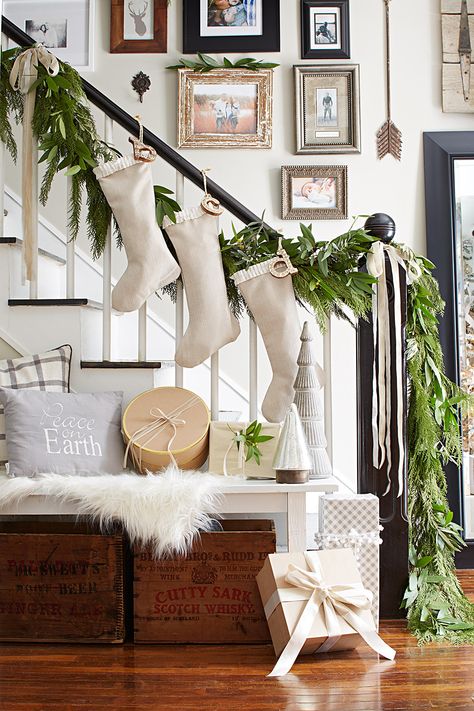 Botanical Staircase Garlands | Centsational Style Staircase Decor Ideas, Christmas Staircase Decor, Farmhouse Christmas Decor Ideas, Fashion Christmas Tree, Burlap Tree Skirt, Burlap Trees, Christmas Staircase, Neutral Christmas Decor, Staircase Decor