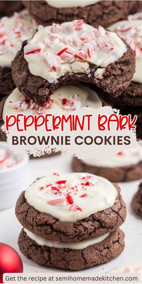 Turn a brownie mix into a holiday masterpiece with Peppermint Bark Brownie Cookies! This recipe is incredibly easy, combining the rich texture of brownies with the refreshing taste of peppermint. Finished with a layer of white chocolate and sprinkled with crushed candy canes, these cookies are a decadent addition to your Christmas cookie tray. Perfect for holiday parties and gifting! Food Bedroom, Peppermint Bark Cookies, White Candies, Peppermint Brownie Cookies, Fudgy Cookies, Peppermint Brownie, Christmas Yummies, Peppermint Brownies, Christmas Preparation