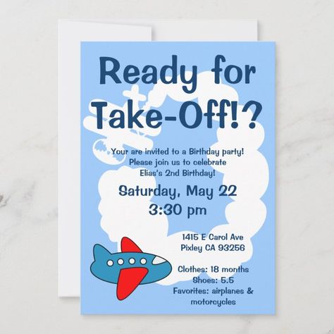 Cute airplane Birthday party invitations for kids | Zazzle.com Airplane Invitation Birthday, Airplane Birthday Theme, Airplane Party Theme, Airplane Invitation, Aviation Party, Cute Airplane, Pilots Birthday, Army Birthday Parties, Travel Party Theme