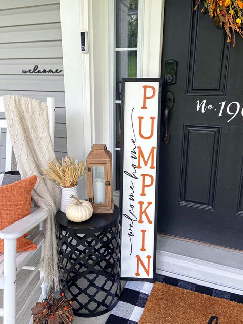 DOUBLE SIDED FALL & HALLOWEEN WOODEN SIGN SIDE 1: WELCOME HOME PUMPKIN SIDE 2: SALEM/WITCH DIMENSIONS/OVERVIEW: Height: 48 Inches; Width: 10 Inches; Depth 2 Inches Perfect porch board for both Fall and Halloween! Great statement piece to add to your indoor or outdoor decor. This sign as pictured is painted white and the frame is stained Weathered Oak. At checkout you can select your frame color from the drop down menu. PLEASE NOTE: This sign is double sided and meant to lean so no hardware will Hello Pumpkin Sign, Fall Pumpkin Sign, Porch Pumpkins, Dollar Tree Fall, Wooden Signs Diy, Fall Sign, Pumpkin Sign, Hello Pumpkin, Halloween Sign