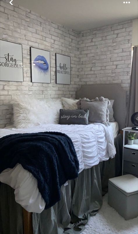 Black Grey And White Dorm Room, Dorm Room With Wallpaper, Dorm Room Designs Black And White, Wallpaper For Dorm Rooms, Dorm Room Color Ideas, Black White And Grey Dorm Room Ideas, Blue And Gray Dorm Room Ideas, Black White And Grey Dorm Ideas, Dorm Room Ideas Black And Grey