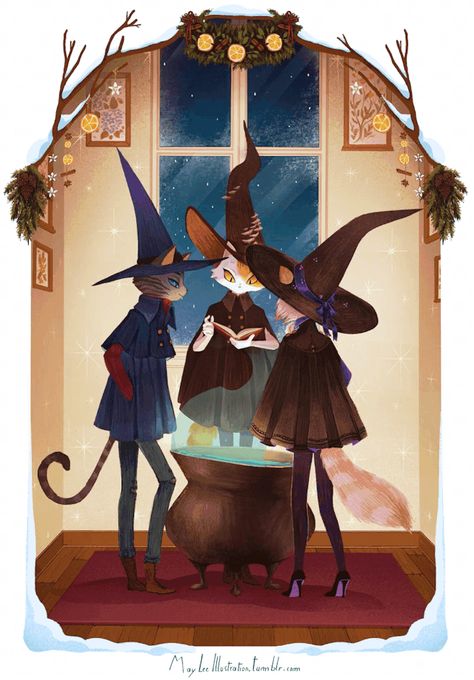 Halloween Digital Art, The Cauldron, Magic Cat, Witchy Wallpaper, Autumn Illustration, Witch Cat, Halloween Illustration, Winter Magic, Witch Art