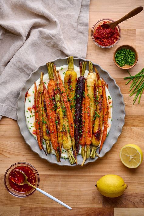 Hot Honey Roasted Carrots with Whipped Ricotta — The Berger Feed Honey Carrots, Roasted Rainbow Carrots, Whipped Ricotta, Honey Roasted Carrots, Rainbow Carrots, Hot Honey, Dinner At Home, Carrot Recipes, Honey Roasted