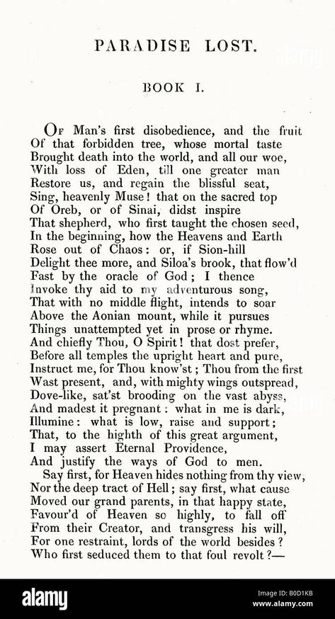 Download this stock image: First Page of Paradise Lost Poem by John Milton published by Edward Churton of London 1836 - B0D1KB from Alamy's library of millions of high resolution stock photos, illustrations and vectors. Paradise Lost John Milton, John Milton Paradise Lost Quotes, Paradise Lost Quotes, Lost Poem, Paradise Lost Book, John Milton Paradise Lost, Milton Paradise Lost, John Milton, Lost Quotes