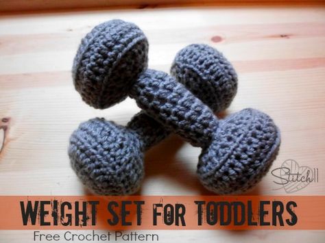 This crochet weight set is great for when your kids want to exercise along side you. Toddler Boy Toys, Crochet Toys Free Patterns, Toddler Patterns, Crochet Toys Free, Free Toys, Crochet Baby Toys, Haken Baby, Weight Set, Tunisian Crochet