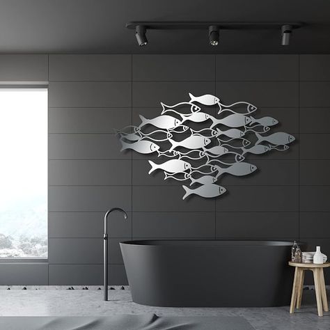 Gamino Metal Wall Art, School of Fish Wall Decor, Metal Fish Wall Art, Bathroom Wall Decor, Coastal Wall Art, Nautical Wall Decor, Home Decor (45" x 26" | 114 x 67 cm, silver) School Of Fish Wall Art, Wall Art School, Exterior Wall Art, Metal Fish Wall Art, House Redo, Wall Art Bathroom, School Of Fish, Fish Wall Decor, Nautical Wall Decor