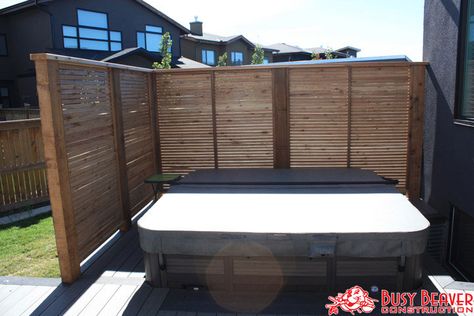 Calgary Deck and Fence Gallery Inflatable Hot Tub Privacy Ideas, Hot Tub Fence Privacy Walls, Privacy Wall For Hot Tub, Square Hot Tub Surround Ideas, Privacy Fence For Hot Tub Patio, Privacy Fence Hot Tub, Hot Tub Lattice Privacy, Backyard River, Privacy Patio