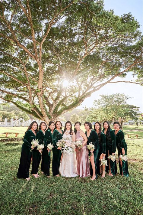 Guam Wedding Photography Inspiration, Plaza de Espana Park, Wedding entourage formal photos, Guam Wedding Outdoor Photo Inspiration, Bridemaids, Groomsmen, Wedding formals, emerald bridesmaids dress, blush maid of honor dress Emerald Groomsmen, Wedding Formal Photos, Emerald Bridesmaids, Groomsmen Dress, Formal Photos, Maid Of Honor Dress, Wedding Entourage, Emerald Bridesmaid Dresses, Groomsmen Wedding