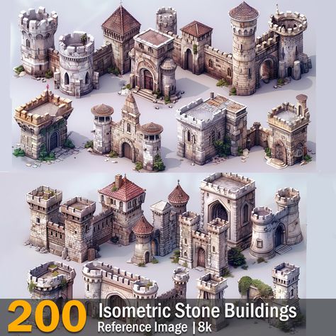 Isometric Stone Buildings | Reference Images | 8K ,  on ArtStation at https://www.artstation.com/artwork/obrmmO Enshrouded Build, Desert Tower, Castle Concept Art, Castle Concept, Valheim Builds, Buildings Reference, 3d Game Assets, Tiny Glade, Ruined Castle